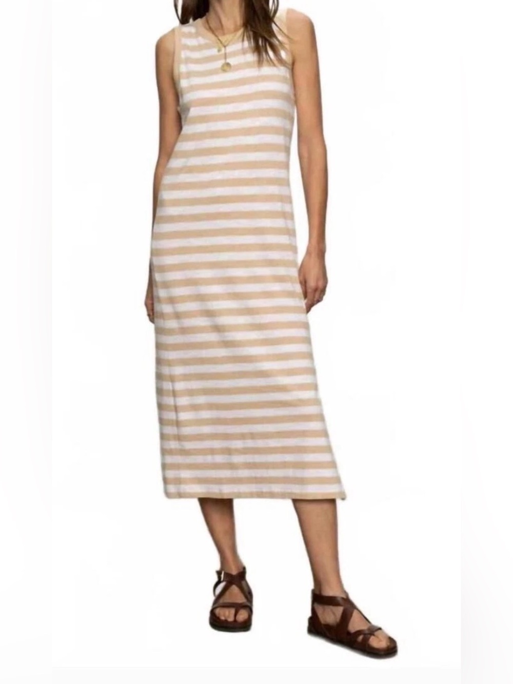 NWT Sanctuary Striped Sleeveless Midi Dress Size Medium Tan White Side Slit
